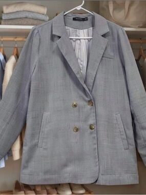 Double-Breasted Women's Blazer Coat - Light Gray